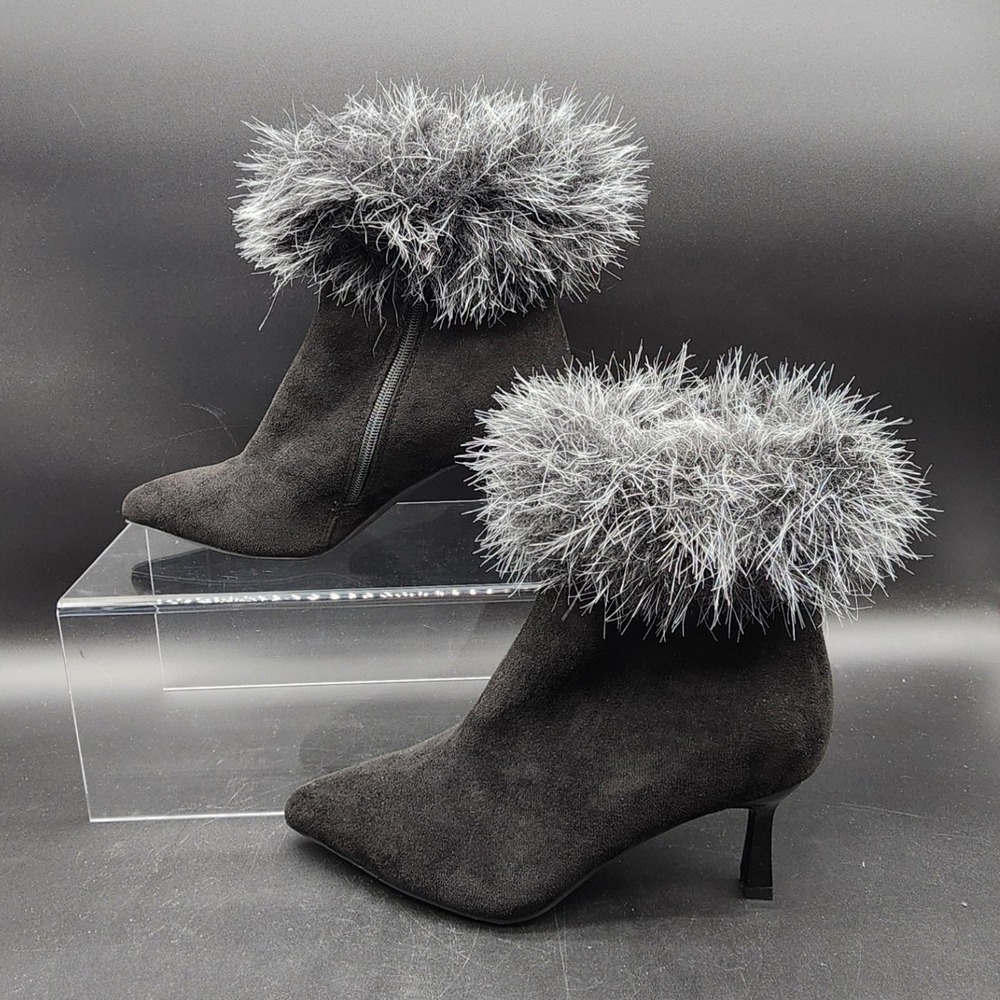 Unbranded 8 Black Faux Fur Trim Suede Kitten Heel Pointed Toe Ankle Boots Y2K